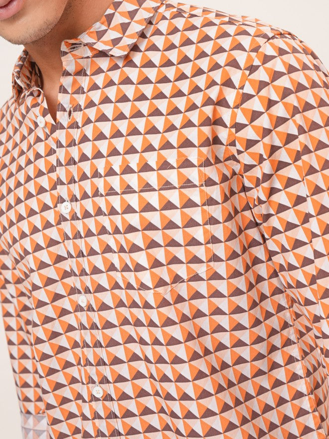 Highlander Men Orange & Brown Regular Collar Full Sleeve All Over Printed Shirt - Orange - Image 5