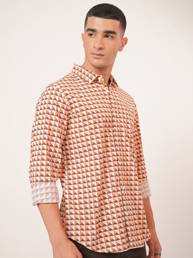 Highlander Men Orange & Brown Regular Collar Full Sleeve All Over Printed Shirt - Orange - Image 6