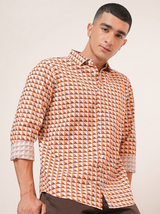Highlander Men Orange & Brown Regular Collar Full Sleeve All Over Printed Shirt - Orange - Image 7