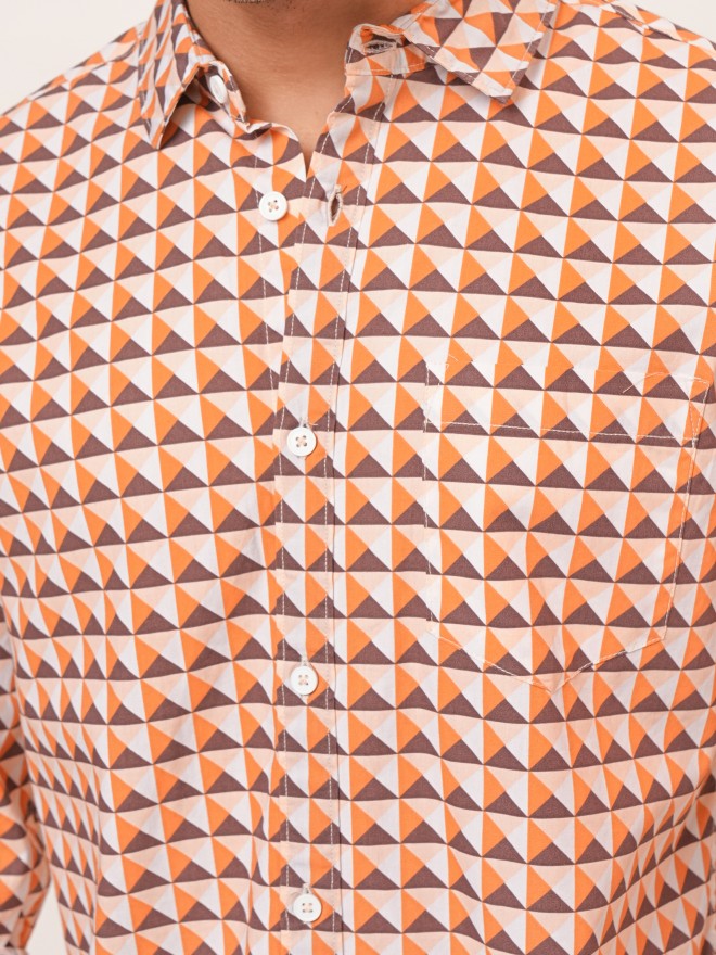 Highlander Men Orange & Brown Regular Collar Full Sleeve All Over Printed Shirt - Orange - Image 8