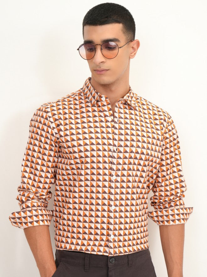 Highlander Men Orange Printed Slim Fit Casual Shirt - Orange - Image 1