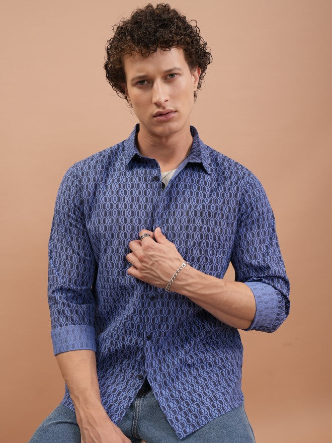 Highlander Men Blue Printed Slim Fit Casual Shirt - Blue - Image 1