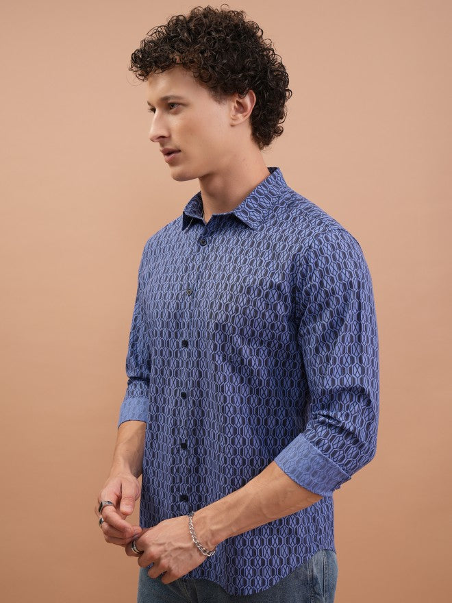 Highlander Men Blue Printed Slim Fit Casual Shirt - Blue - Image 4