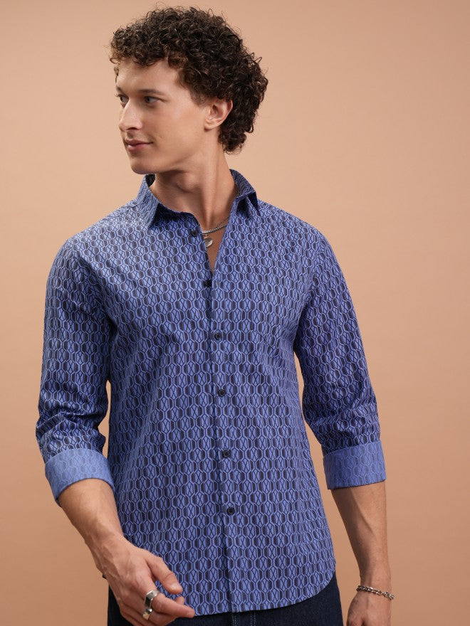 Highlander Men Blue Printed Slim Fit Casual Shirt - Blue - Image 1