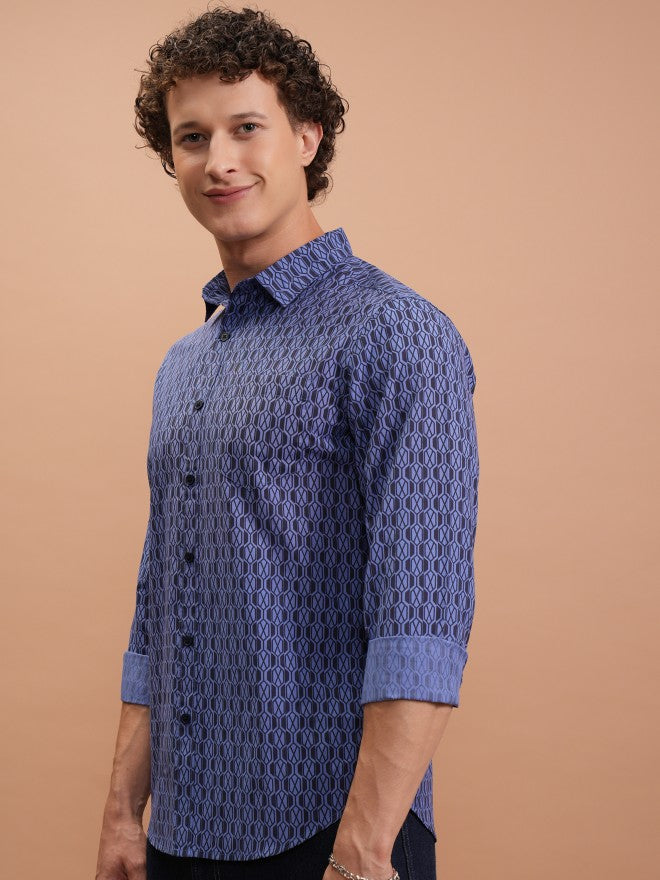 Highlander Men Blue Printed Slim Fit Casual Shirt - Blue - Image 4