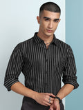 Highlander Men Black Striped Slim Fit Casual Shirt - Black - Image 1