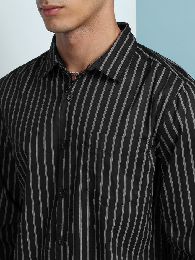 Highlander Men Black Striped Slim Fit Casual Shirt - Black - Image 5