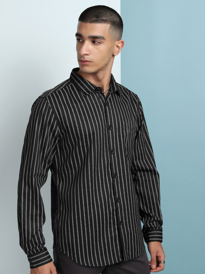 Highlander Men Black Striped Slim Fit Casual Shirt - Black - Image 6