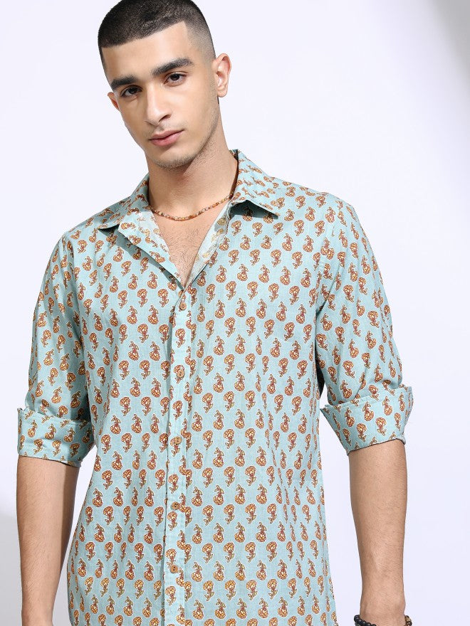 Highlander Men Blue Printed Slim Fit Casual Shirt - Blue - Image 1