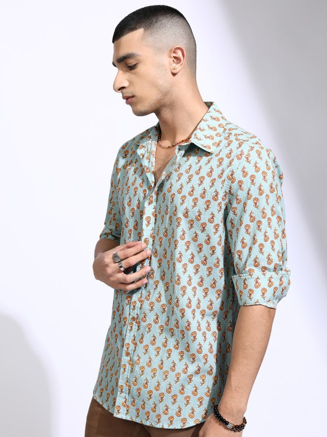 Highlander Men Blue Printed Slim Fit Casual Shirt - Blue - Image 4