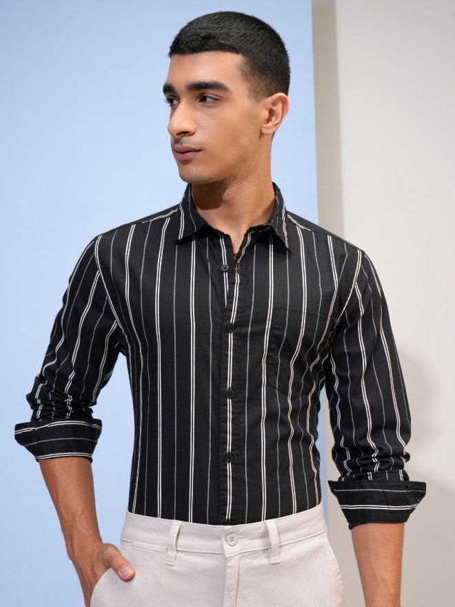 Highlander Men Black Striped Slim Fit Casual Shirt - Black - Image 1