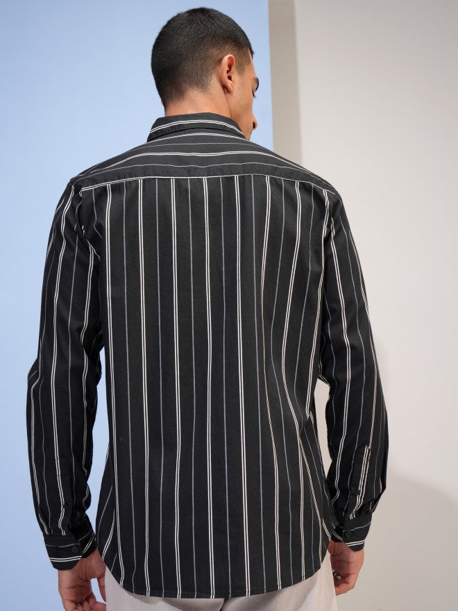Highlander Men Black Striped Slim Fit Casual Shirt - Black - Image 3