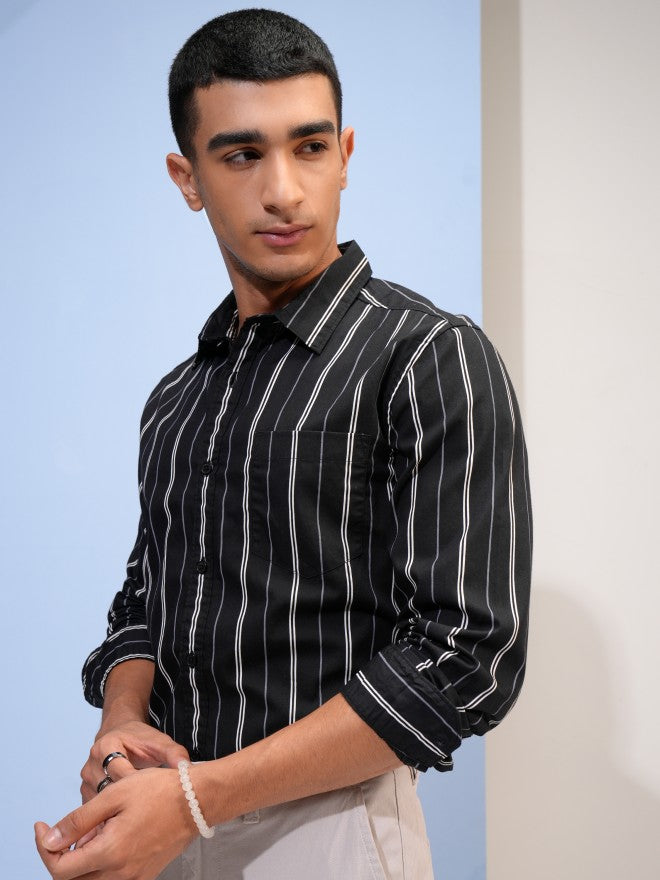 Highlander Men Black Striped Slim Fit Casual Shirt - Black - Image 4