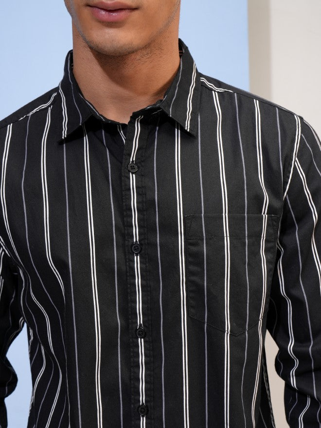 Highlander Men Black Striped Slim Fit Casual Shirt - Black - Image 5