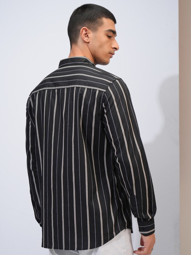 Highlander Men Black Striped Slim Fit Casual Shirt - Black - Image 3