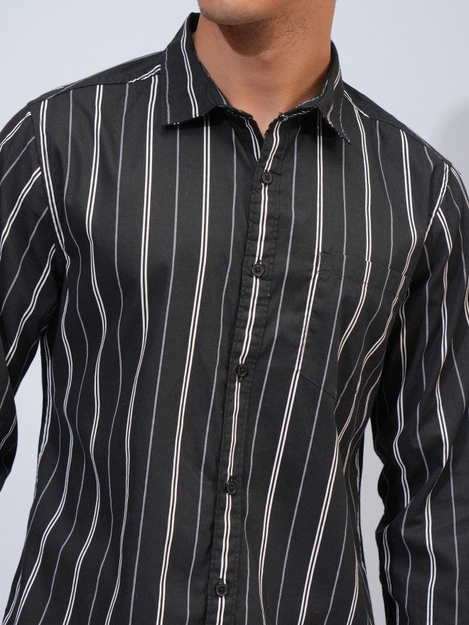 Highlander Men Black Striped Slim Fit Casual Shirt - Black - Image 5