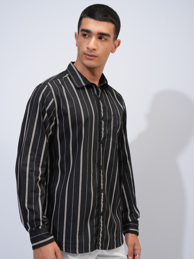 Highlander Men Black Striped Slim Fit Casual Shirt - Black - Image 6