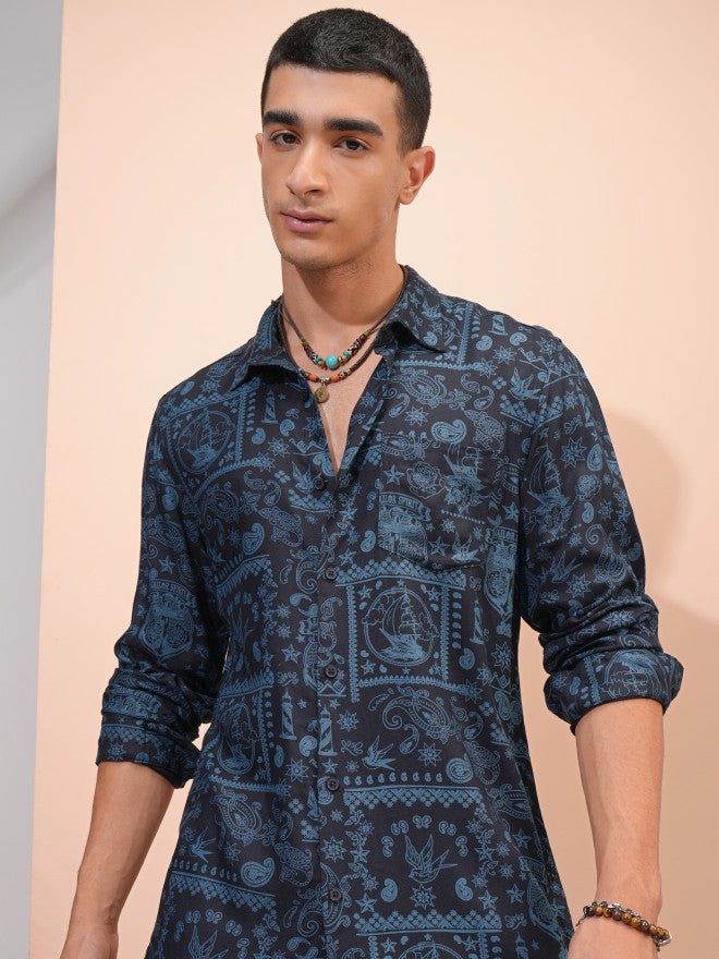 Highlander Men Navy Blue Printed Regular Fit Casual Shirt - Navy Blue - Image 1