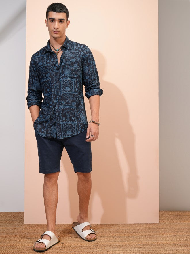 Highlander Men Navy Blue Printed Regular Fit Casual Shirt - Navy Blue - Image 2