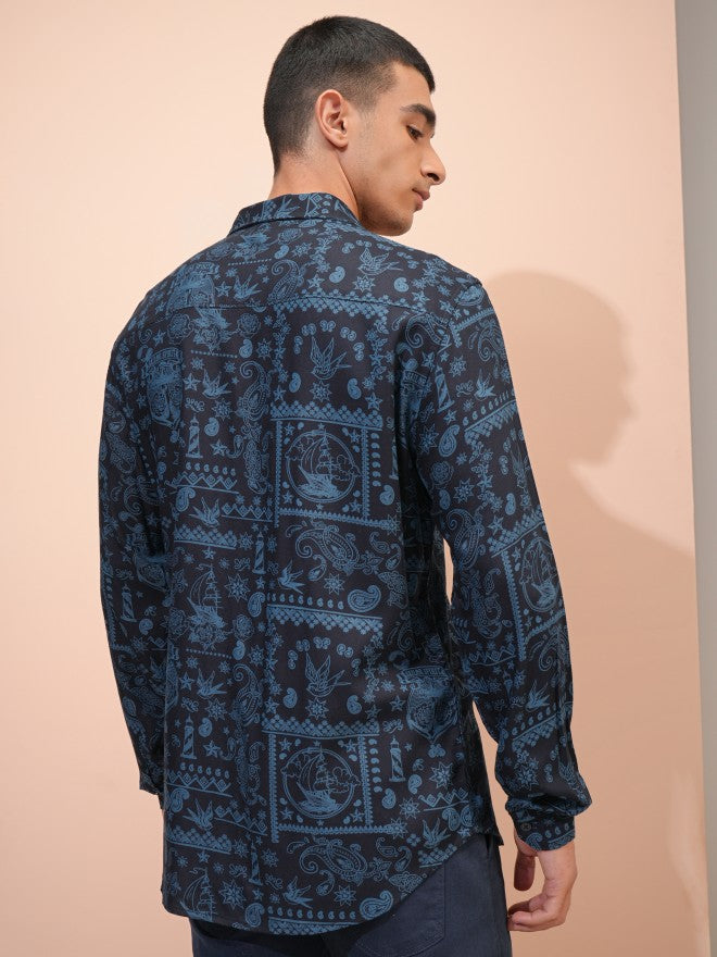Highlander Men Navy Blue Printed Regular Fit Casual Shirt - Navy Blue - Image 3