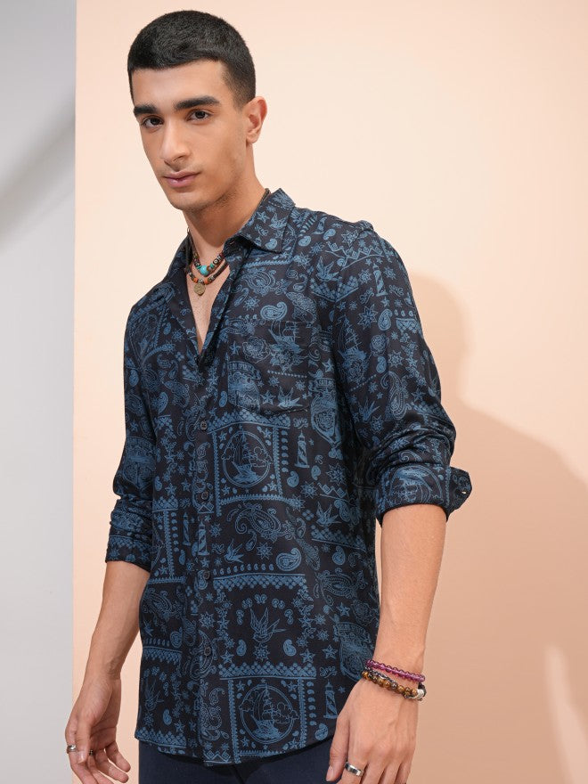 Highlander Men Navy Blue Printed Regular Fit Casual Shirt - Navy Blue - Image 4