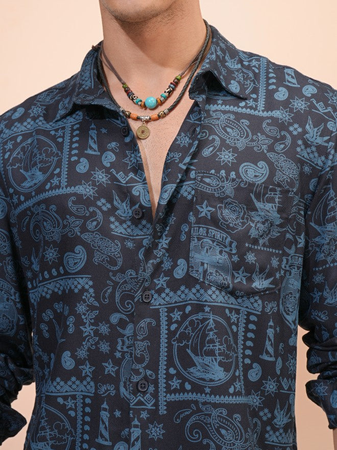 Highlander Men Navy Blue Printed Regular Fit Casual Shirt - Navy Blue - Image 5