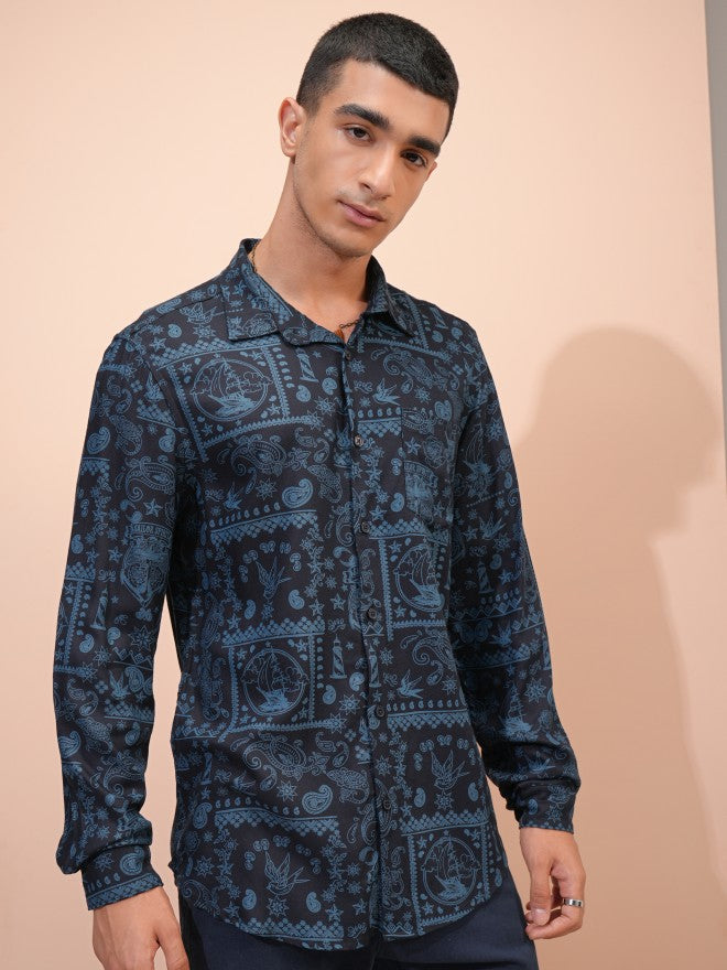 Highlander Men Navy Blue Printed Regular Fit Casual Shirt - Navy Blue - Image 6