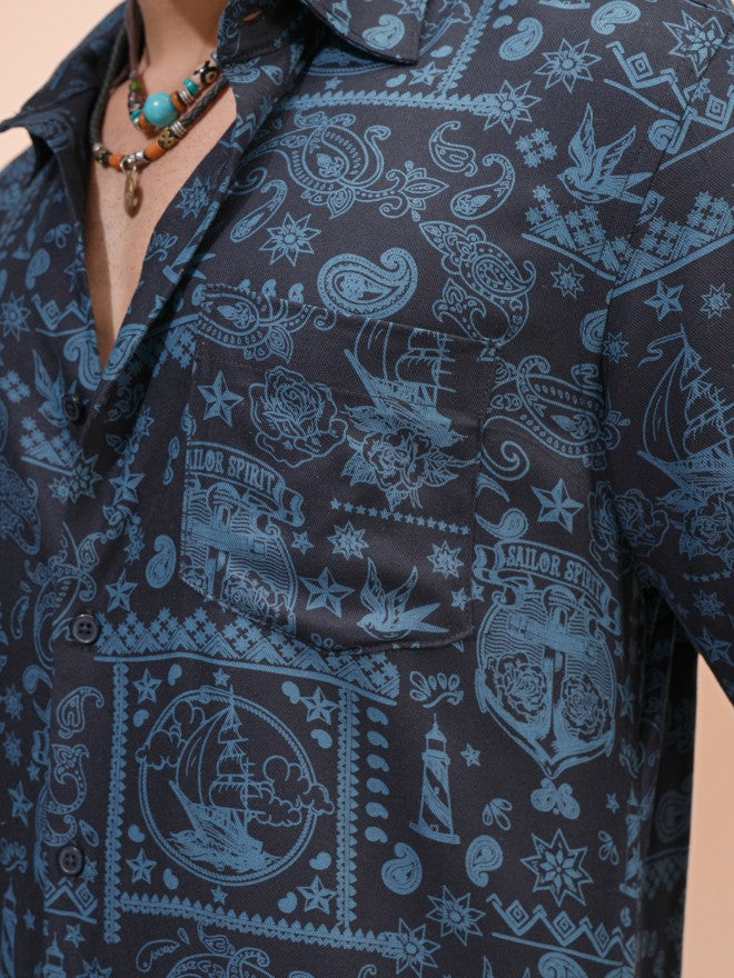Highlander Men Navy Blue Printed Regular Fit Casual Shirt - Navy Blue - Image 7
