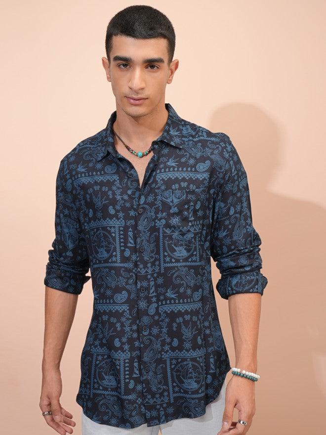 Highlander Men Navy Blue Printed Regular Fit Casual Shirt - Navy Blue - Image 1