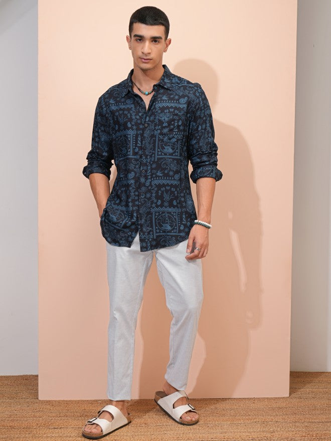Highlander Men Navy Blue Printed Regular Fit Casual Shirt - Navy Blue - Image 2