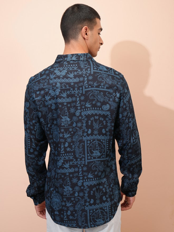 Highlander Men Navy Blue Printed Regular Fit Casual Shirt - Navy Blue - Image 3