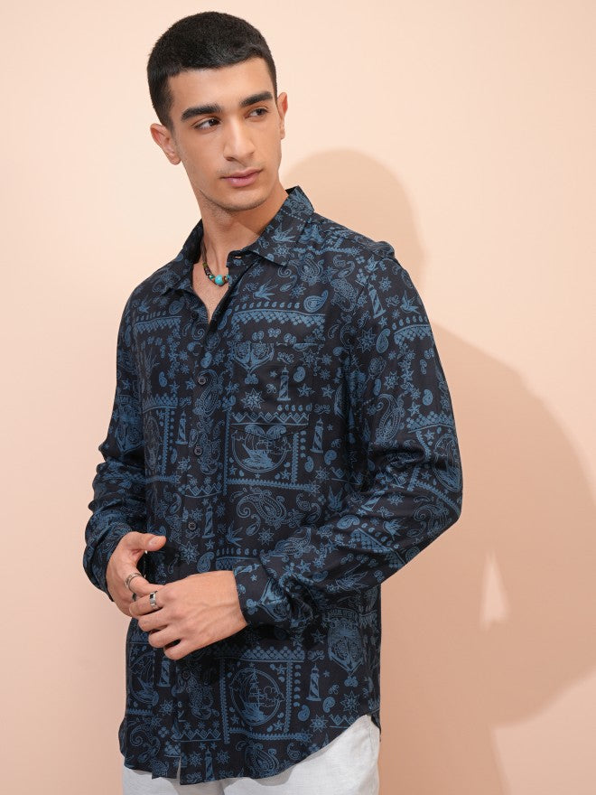 Highlander Men Navy Blue Printed Regular Fit Casual Shirt - Navy Blue - Image 4