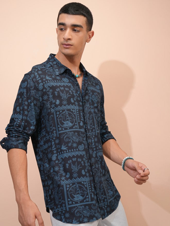 Highlander Men Navy Blue Printed Regular Fit Casual Shirt - Navy Blue - Image 6