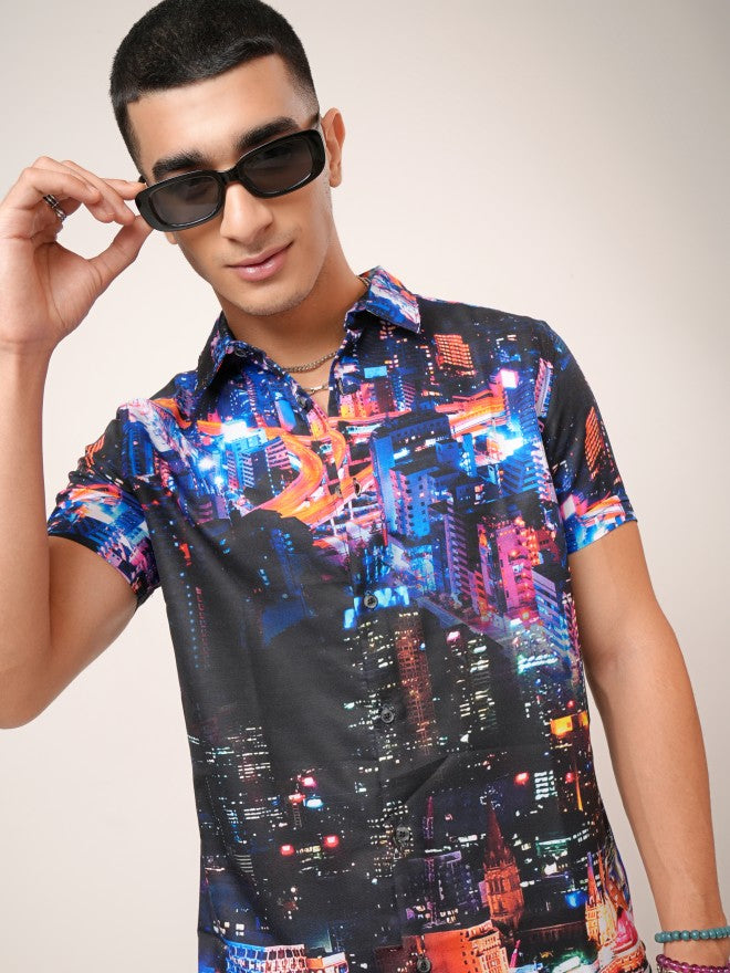 Highlander Men Blue Printed Slim Fit Casual Shirt - Blue - Image 1