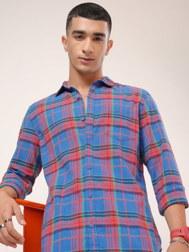 Highlander Men Blue Checked Slim Fit Casual Shirt - Blue - Image 1