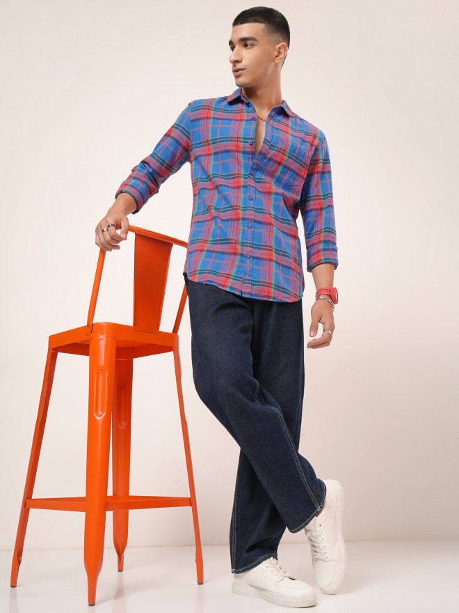 Highlander Men Blue Checked Slim Fit Casual Shirt - Blue - Image 2