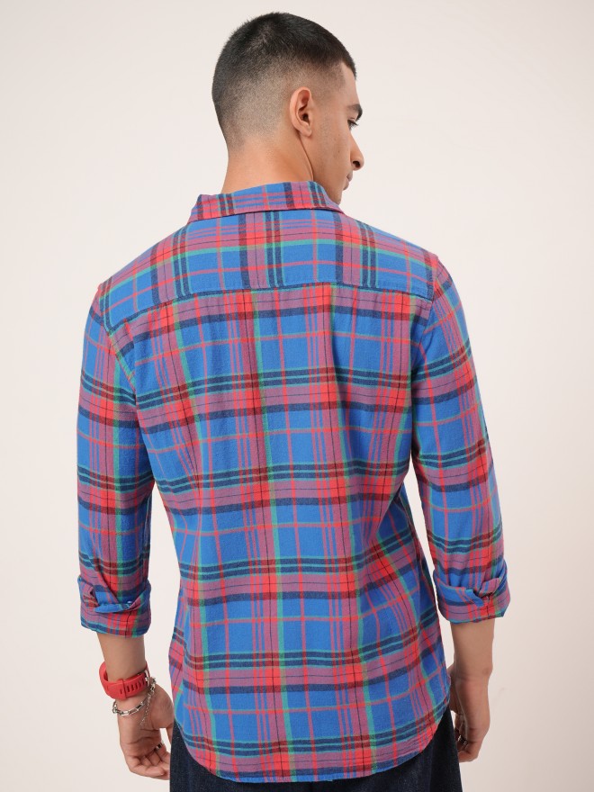 Highlander Men Blue Checked Slim Fit Casual Shirt - Blue - Image 3