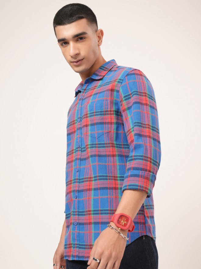 Highlander Men Blue Checked Slim Fit Casual Shirt - Blue - Image 4