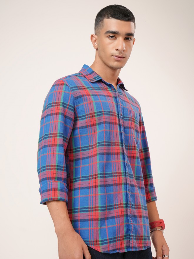 Highlander Men Blue Checked Slim Fit Casual Shirt - Blue - Image 6