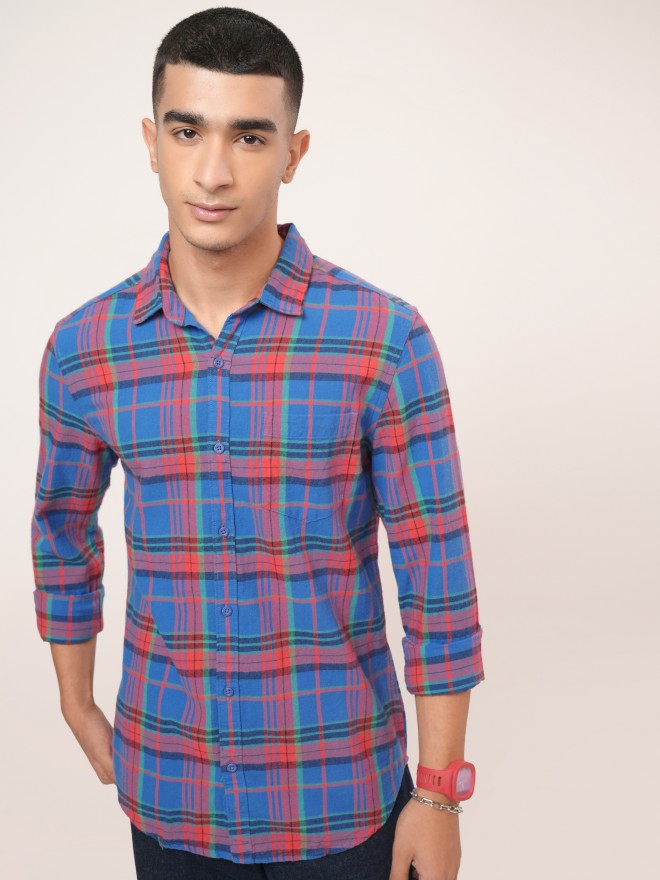 Highlander Men Blue Checked Slim Fit Casual Shirt - Blue - Image 7