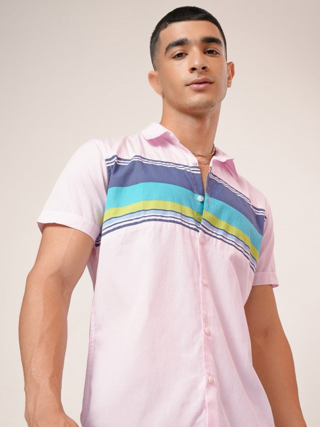 Highlander Men Pink Colourblocked Slim Fit Casual Shirt - Pink - Image 1