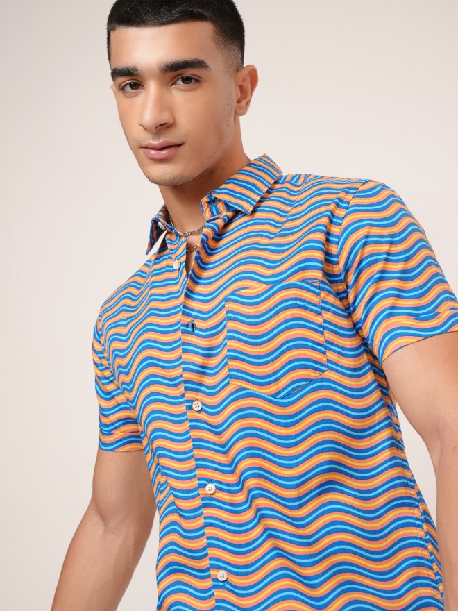 Highlander Men Navy Blue Printed Slim Fit Casual Shirt - Navy Blue - Image 1