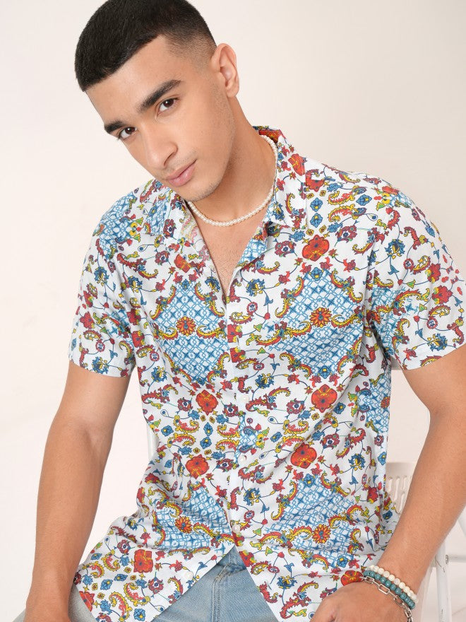 Highlander Men White Printed Slim Fit Casual Shirt - White - Image 1