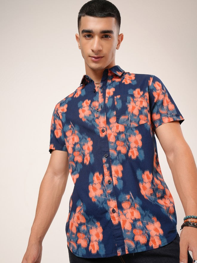 Highlander Men Navy Blue Printed Slim Fit Casual Shirt - Navy Blue - Image 1