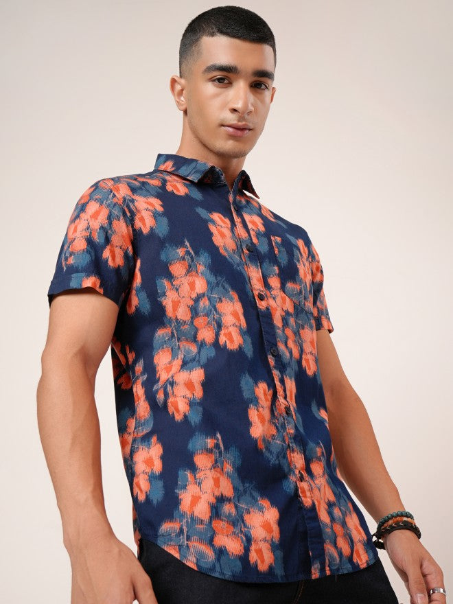 Highlander Men Navy Blue Printed Slim Fit Casual Shirt - Navy Blue - Image 6