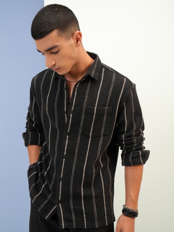 Highlander Men Black Striped Relaxed Fit Casual Shirt - Black - Image 1