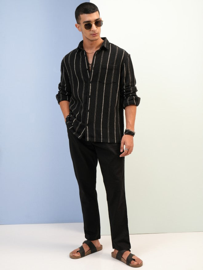 Highlander Men Black Striped Relaxed Fit Casual Shirt - Black - Image 2