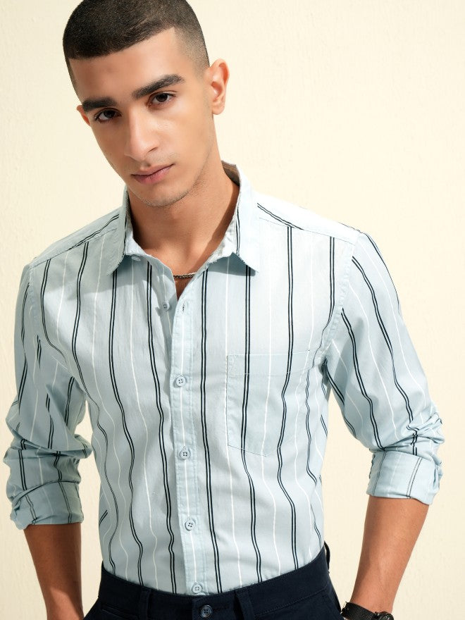Highlander Men Blue Striped Slim Fit Casual Shirt - Blue - Image 2