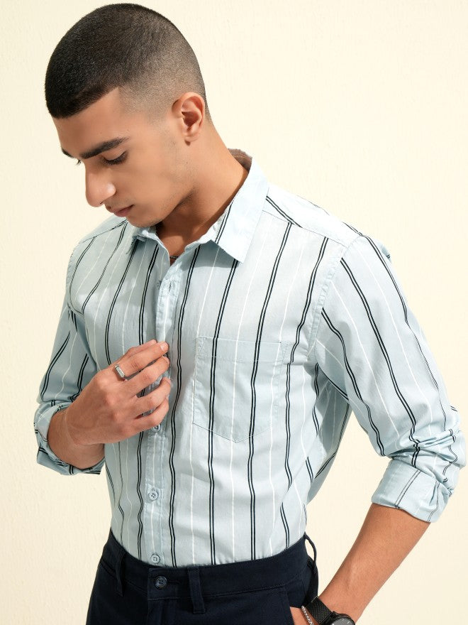 Highlander Men Blue Striped Slim Fit Casual Shirt - Blue - Image 4