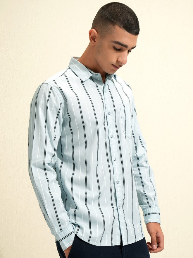 Highlander Men Blue Striped Slim Fit Casual Shirt - Blue - Image 6